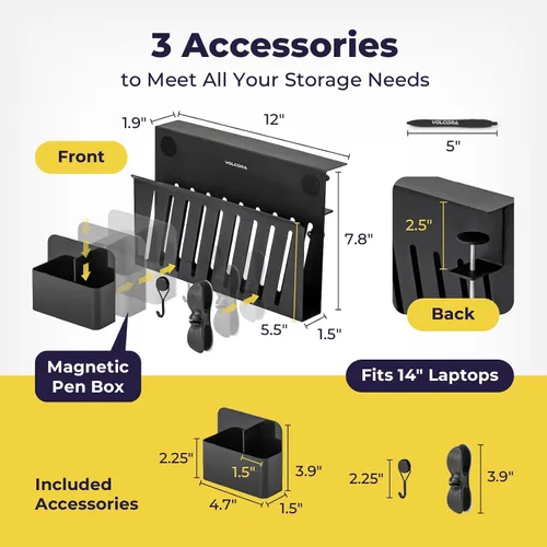 Miniatura 2 de Volcora Almacenamiento lateral, soporte para debajo de la laptop, organizador sin taladros con caja magnética para bolígrafos, abrazadera