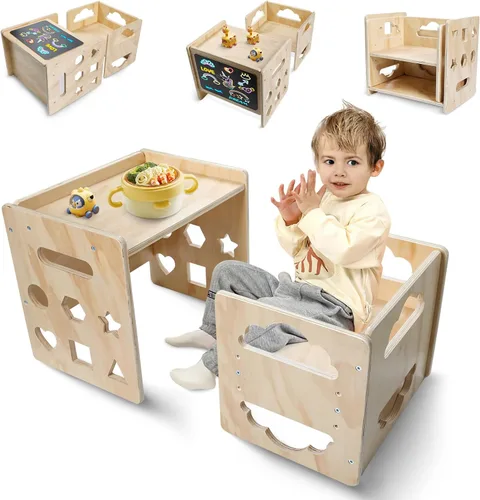 Satisure Juego de Mesa y Silla de Destete Montessori, Juego de Mesa y Silla de Madera para Niños Pequeños, Mesa y Sillas para Niños de 1-3 Años con