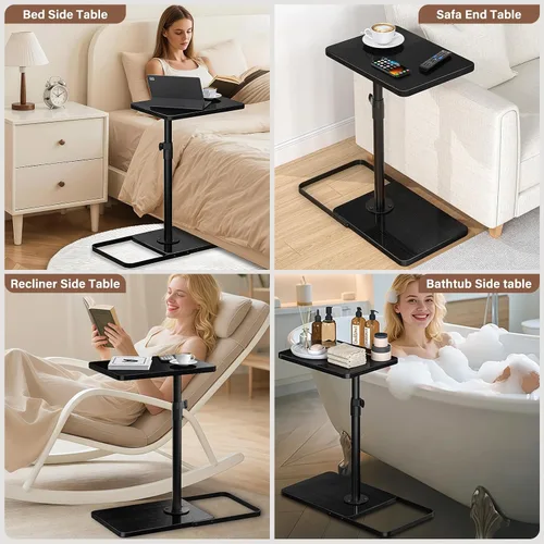 Miniatura 6 de Mesa C Mesa Auxiliar de Altura Ajustable, Bandeja de TV Giratoria 360°, Base Mejorada de Metal y Madera para Evitar Deslizamientos, Mesas de Negro