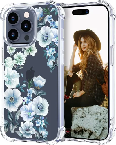 Miniatura 101 de Hungo Funda compatible con iPhone 15 Plus para mujer, diseño floral transparente, lindo, flor azul rosa Rosas Azules