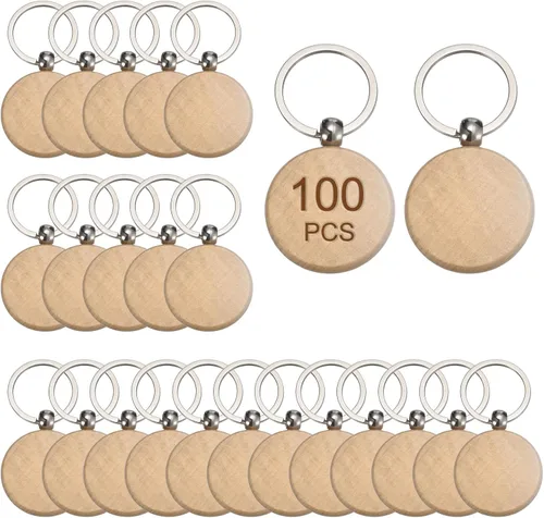 MECCANIXITY Llavero de madera en blanco, 1.57 pulgadas, grabado de madera, llavero para manualidades, paquete de 100