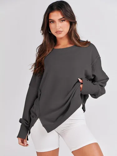 Miniatura 3 de ANRABESS Sudaderas de gran tamaño para mujer, con cuello redondo, manga larga, casuales y holgadas, con aberturas, ropa de otoño 2025