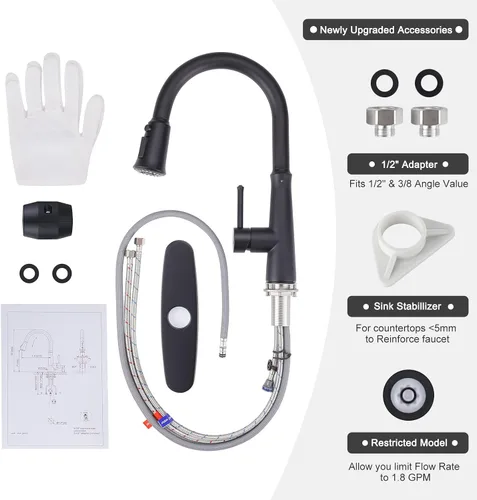 Miniatura 3 de WOWOW Grifos de cocina negro mate con rociador extraíble, grifo de fregadero de cocina de acero inoxidable para fregaderos de 1 o 3 agujeros, grifo