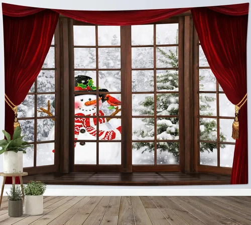 Miniatura 39 de HVEST Tapiz navideño de invierno para colgar en la pared, muñeco de nieve divertido con sombrero azul y tapices de regalo de Navidad, tapiz de pino