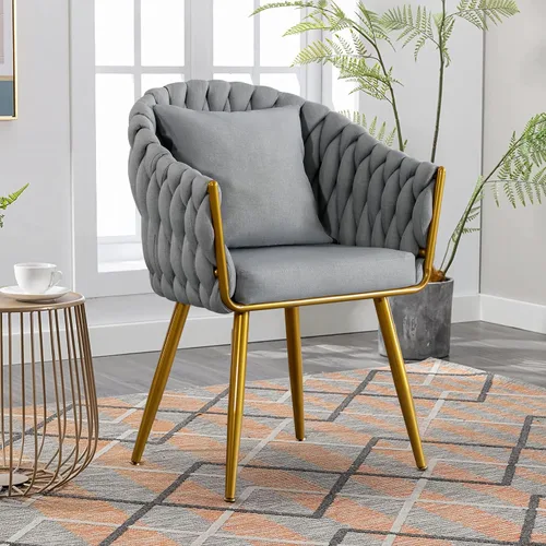 Miniatura 8 de BOSMILLER Sillas de comedor tejidas, modernas sillas de comedor con patas antideslizantes de metal dorado, respaldo alto curvado, silla de comedor
