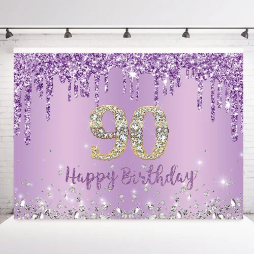 INRUI Fondo de fotografía de feliz cumpleaños 90 color morado para niñas, decoración de fiesta de cumpleaños de noventa años, 7 x 5 pies