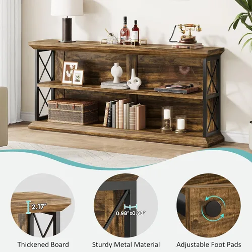 Miniatura 5 de Mesa de consola larga de 63 pulgadas con 3 niveles de almacenamiento para entrada, mesa de sofá de madera detrás del sofá para pasillo de sala