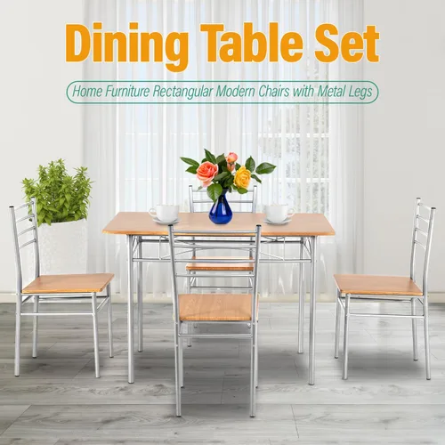 Miniatura 2 de Juego de mesa de comedor PayLessHere, mesa de madera y 4 sillas modernas con patas de metal, muebles rectangulares para el hogar