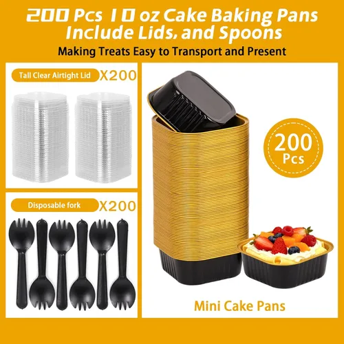 Miniatura 5 de Paquete de 200 mini moldes de aluminio de 10 onzas con tapas y cucharas, moldes cuadrados desechables para hornear, moldes de aluminio aptos
