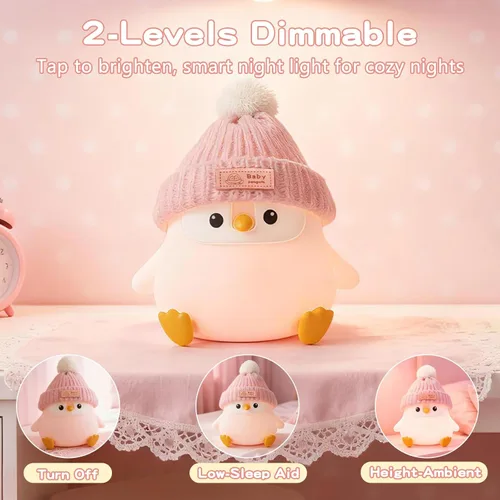Miniatura 2 de Luz nocturna de silicona de pingüino, bonita lámpara de pingüino rosa con sombrero, luz nocturna de guardería para bebé, recargable/regulable, Bebé