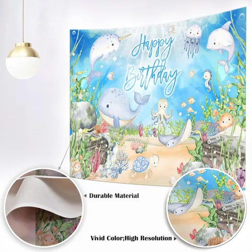 Miniatura 2 de Mocsicka Pancarta de cumpleaños con texto en inglés "Under The Sea", decoración de acuarela pulpo, ballena, tiburón, animal marino, fondo