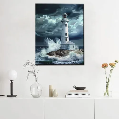 Miniatura 3 de Pintura de faro de fantasía, pintura dramática por números, 16 x 20 pulgadas, lienzo para bricolaje, pintura al óleo del océano tropical