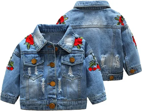 Miniatura 14 de IBAKOM Chaqueta de mezclilla para niña, chaqueta de mezclilla azul para niños, con botones, otoño e invierno, abrigo con capucha rasgada, ropa