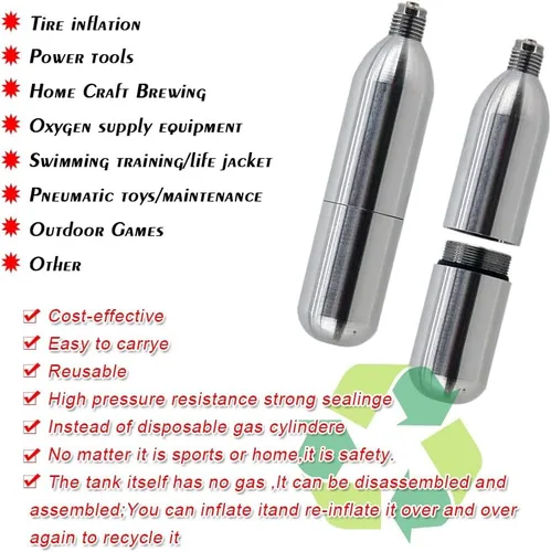 Miniatura 2 de Cartucho de CO2 recargable de acero inoxidable reutilizable con enchufe macho de 0.315 in y rosca UNF de 3/8"-24UNF para Airsoft, inflado