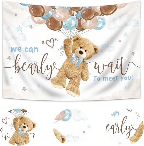 Miniatura 2 de Telón de Fondo para Baby Shower de Oso 2.1x1.5 m para Niños "We Can Bearly Wait to Meet You" Globos de Cumpleaños Lindos de Dibujos Animados Tela