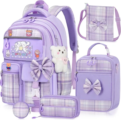 Miniatura 7 de Mochila para niñas con juego de lonchera, 5 piezas, color negro, linda mochila Kawaii para adolescentes, mochila escolar estética para primaria