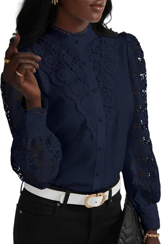 Miniatura 21 de Rooscier Blusa Elegante de Encaje de Crochet con Cuello Alto Simulado de Manga Larga con Botones para Mujer Top