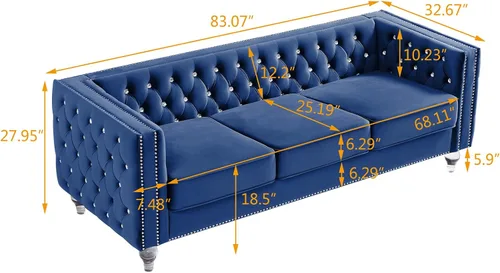 Miniatura 3 de mikibama Sofá de terciopelo de 3 plazas con botones y brazos cuadrados de 83.07 pulgadas, sofás de 3 asientos con cabeza de clavos recortada y patas