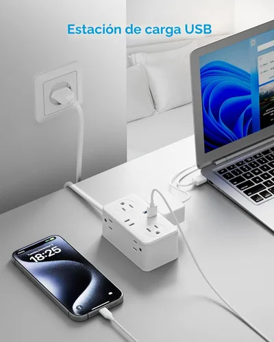 Miniatura 7 de Kakyanill Adaptador de enchufe de viaje europeo, Adaptador de enchufe de viaje EU/UK/US, Regleta de alimentación con 6 tomas AC, 4 puertos USB