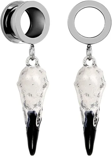 2 pendientes de dilatación de oreja para dilatadores de oídos, dilatadores de oído, joyería corporal, cuervo, cráneo de cuervo, dilataciones de acero