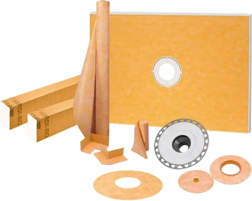 Schluter Kerdi - Kit de ducha con bandeja de ducha, bordillo, membrana impermeabilizante, tiras y sellos, plástico de PVC, tamaño de bandeja de 38 x