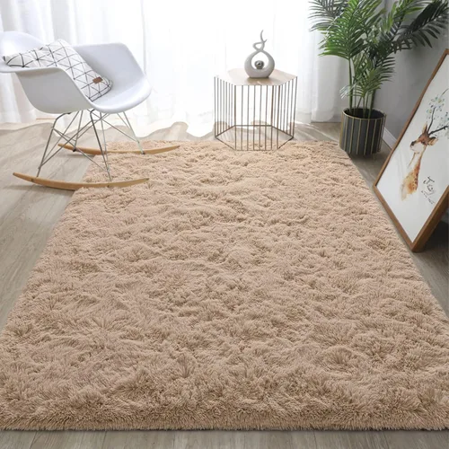 Miniatura 7 de DweIke Alfombras esponjosas de color beige para dormitorio, sala de estar, 8x10 pies, alfombra grande de felpa suave shaggy color tostado claro
