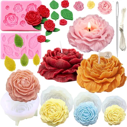 8 moldes de peonía de cuatro tamaños grande + mediano + pequeño + extra pequeño + hoja de peonía con aguja grande que absorbe los ojos, vela para
