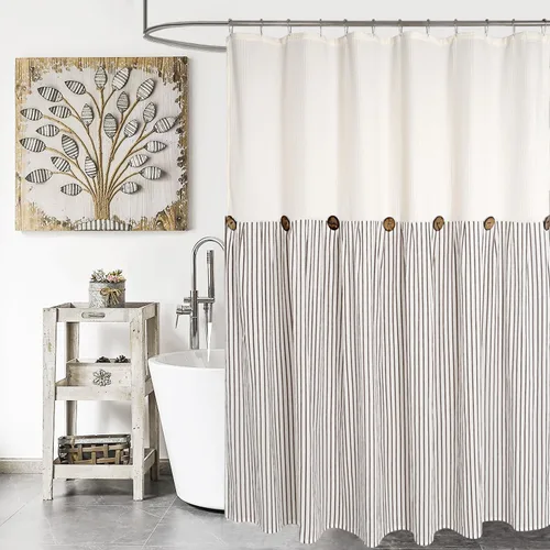 Miniatura 39 de DOSLY IDÉES Cortina de ducha de casa de campo, rayas beige y gris, cortina con botones, tela tejida de lino y algodón, estilo rústico con encanto