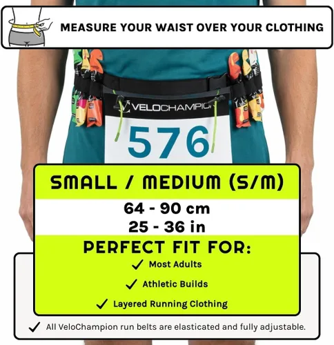 Miniatura 8 de VeloChampion Cinturón Riñonera para Correr – Ajuste Elástico Extensible para Triatlón, Maratón, Ciclismo y Portanúmeros de Carrera, Negro