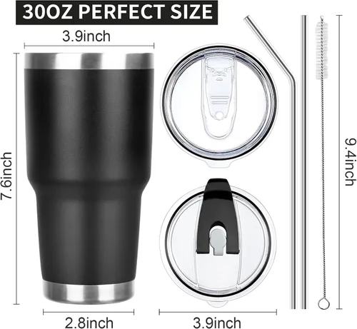 Miniatura 5 de Vaso de 30 onzas con tapas y pajillas, vaso aislado al vacío de doble pared, de acero inoxidable, a prueba de fugas, con recubrimiento en polvo
