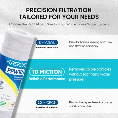 Miniatura 2 de PUREPLUS Filtro de sedimentos para heridas de cuerda para toda la casa de 10 micrones de 10 x 2.5 pulgadas para agua de pozo, cartucho de repuesto