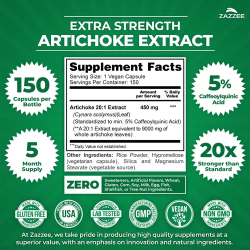 Miniatura 2 de Zazzee Extracto de alcachofa extra fuerte 20:1, 5% de ácido cafeoilquínico, 150 cápsulas veganas, suministro para 5 meses, escolimo de Cynara, apoyo