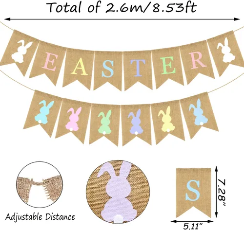 Miniatura 2 de Doumeny Guirnalda colorida de arpillera de Pascua, 2 unidades, diseño de conejo, pancarta de fiesta de Pascua para chimenea, suministros de fiesta