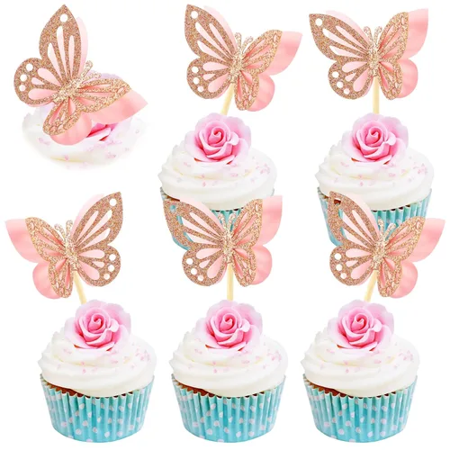 Miniatura 9 de Chinco 48 piezas de decoración de pastel de mariposa, decoración de cupcakes de doble capa ensamblada, decoración de pastel de 3D con purpurina