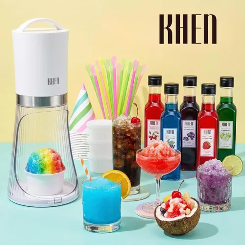 Miniatura 7 de Juego de regalo de máquina de hielo afeitado con cono de nieve, kit de máquina eléctrica con 5 sabores de jarabe, incluye 25 tazas de cono, 25