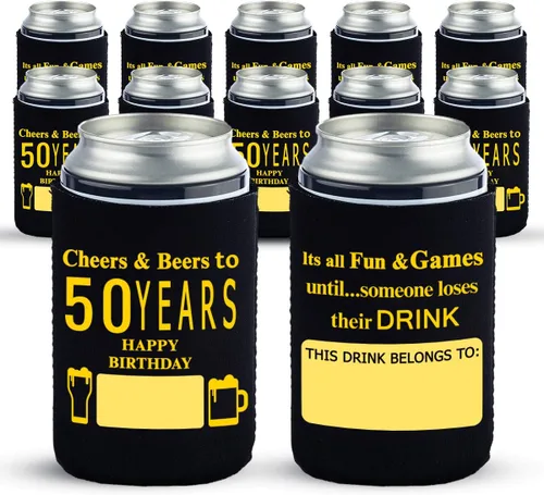 Yangmics Direct Paquete de 12 fundas para enfriar latas de cumpleaños número 50, suministros para fiesta de cumpleaños de 50 años, color negro y