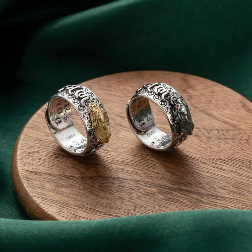 Miniatura 7 de Vikeney 2 anillos ajustables de mantra Feng Shui Pixiu para hombres y mujeres, amuleto budista de la suerte, mantra, protección cuádruple, riqueza