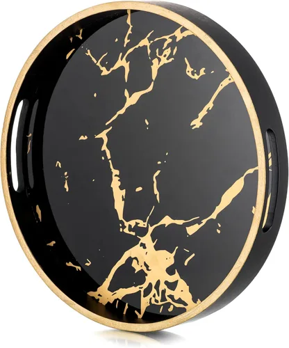 Hanobe Bandeja redonda decorativa para café: Bandeja circular de mármol negro con asas, bandejas de mesa para sala de estar, bebida, fiesta, hogar,