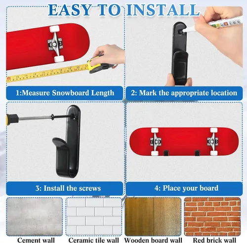 Miniatura 4 de Zonon 4 clips horizontales de montaje en pared para snowboard, estante de pared para patineta, soporte de pared para patineta, estante de exhibición