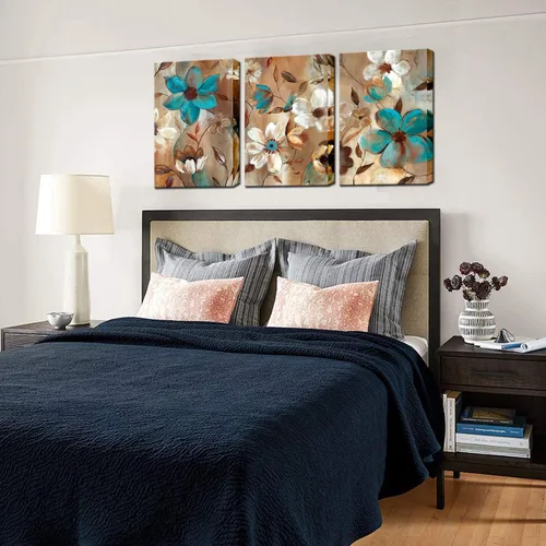 Miniatura 3 de Biuteawal - Pintura abstracta de flores sobre lienzo, arte de pared, diseño floral azul y blanco, ilustraciones decorativas contemporáneas