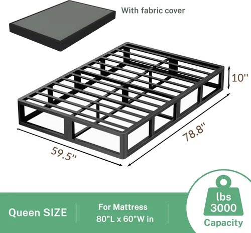 Miniatura 3 de VIPSHOW - Base de cama metálica de 10 pulgadas tamaño Queen con esquinas redondas, base de plataforma baja, listones de acero resistente hasta 3000