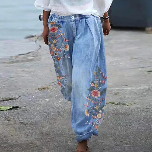 Miniatura 2 de GOKKILRW Pantalones de mezclilla holgados para mujer, estilo harén, pierna ancha, estampado floral, holgado, hawaiano, hippie, Y2K, pantalones
