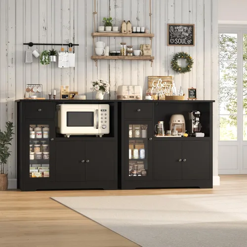 Miniatura 5 de HORSTORS Armario para microondas, armario de almacenamiento de cocina con 3 puertas y 1 cajón, aparador de buffet con estantes ajustables, soporte