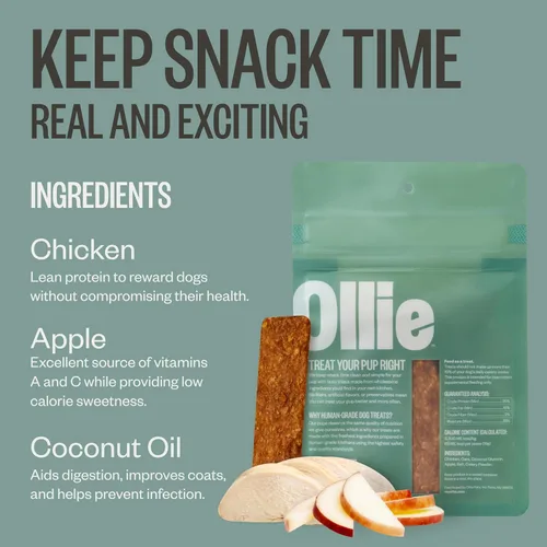Miniatura 4 de Ollie Golosinas de Cecina de Pollo y Manzana para Perros, Paquete de 3 de 5 oz, Completamente Natural, Bocadillos Saludables, Hechos con Carne Real