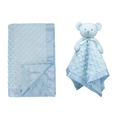 Pro Goleem Manta de seguridad de oso de peluche de 16 pulgadas y manta de satén azul para bebé de 30 x 40 pulgadas