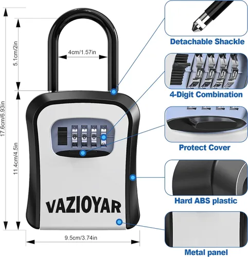 Miniatura 5 de Caja de Seguridad para Llaves para Exterior, Portátil Impermeable Montada en la Pared Combinación Cambiable de 4 Dígitos Caja de Seguridad