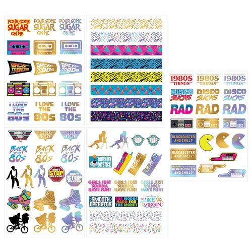 Miniatura 2 de Tatuajes temporales retro de los años 80, 5 hojas, divertidos recuerdos de fiesta de los años 80, decoraciones y suministros