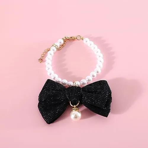 Miniatura 5 de Paquete de 3 collares de perlas para perro, joyas de perlas elegantes con lazos grandes, lindo collar de boda, accesorios de disfraz para perros