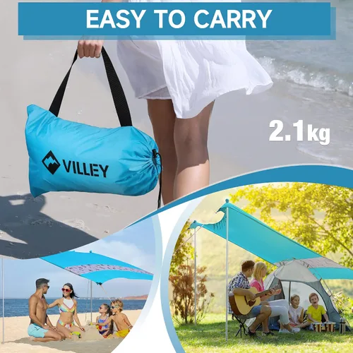 Miniatura 6 de Villey Tienda de campaña de playa con protección UPF50+, parasol portátil de 8 x 7 pies con 2 postes de estabilidad, 8 clavijas de tierra, 4 sacos