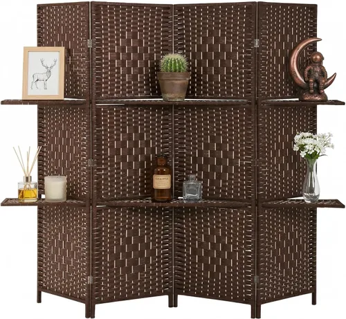 Miniatura 12 de Divisor de habitación de 4 paneles, divisor de pantalla de madera plegable, separador de partición de madera con estantes de almacenamiento